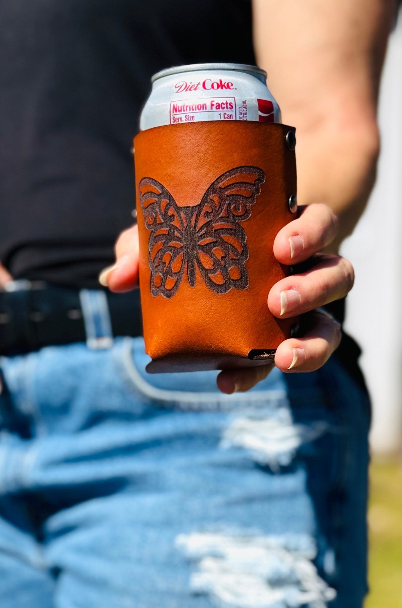 Butterfly w/Scroll Leather Can Cooler - Dusty Road Farm