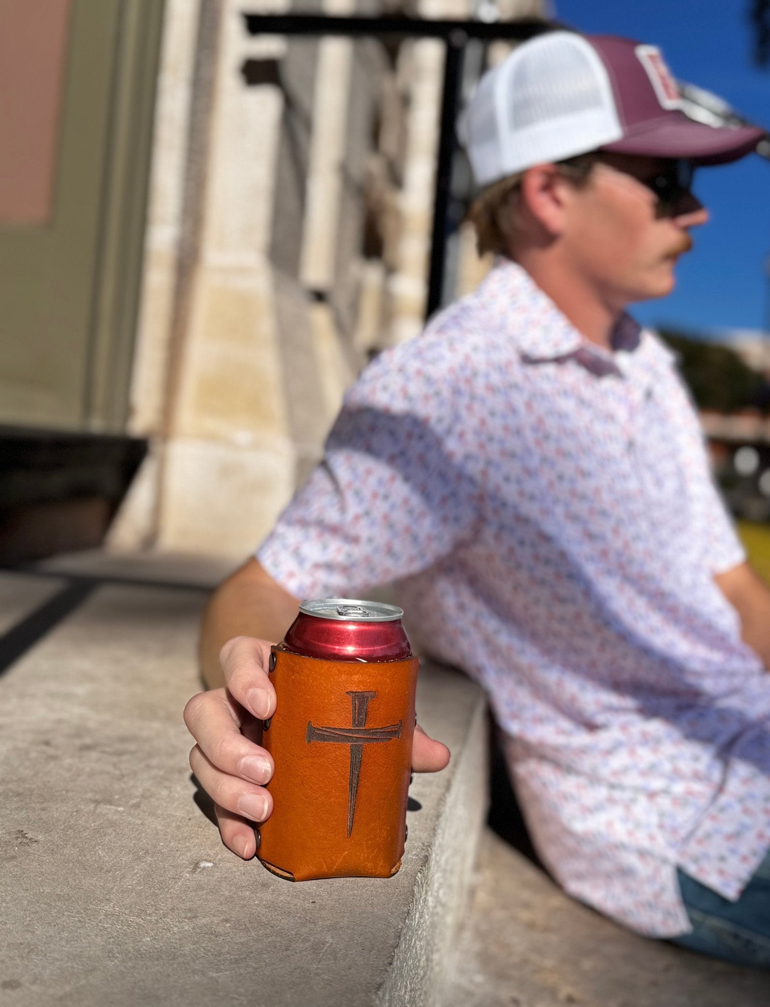 Cross w/Nails Leather Can Cooler - Dusty Road Farm