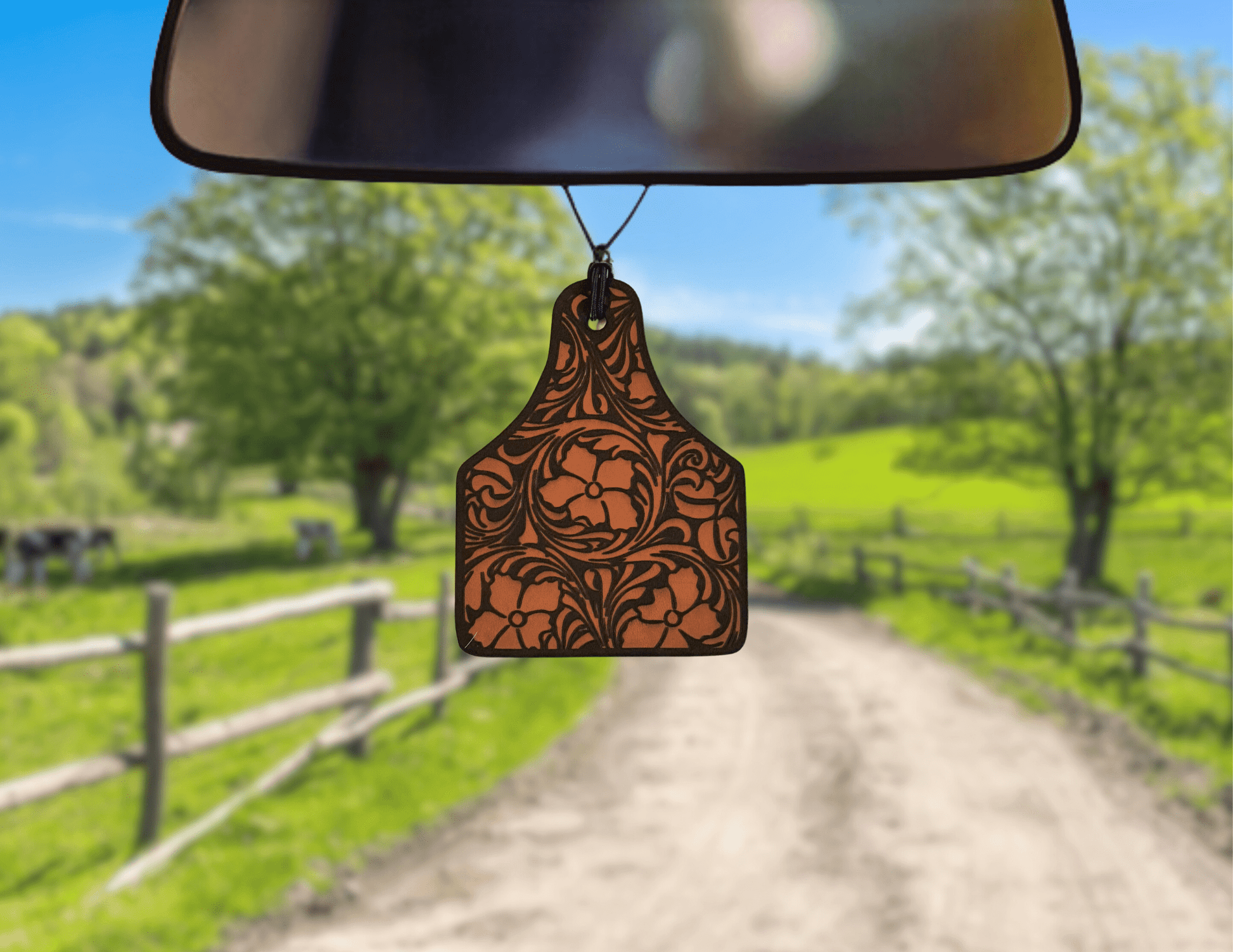 Ear Tag w/ Scroll Leather Car Freshener - Dusty Road Farm