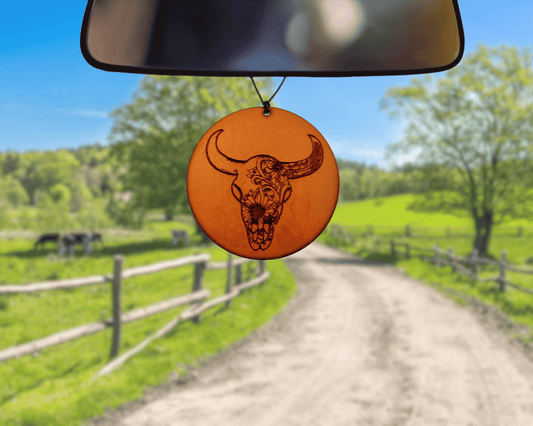 Longhorn w/ Flowers Leather Car Freshener - Dusty Road Farm