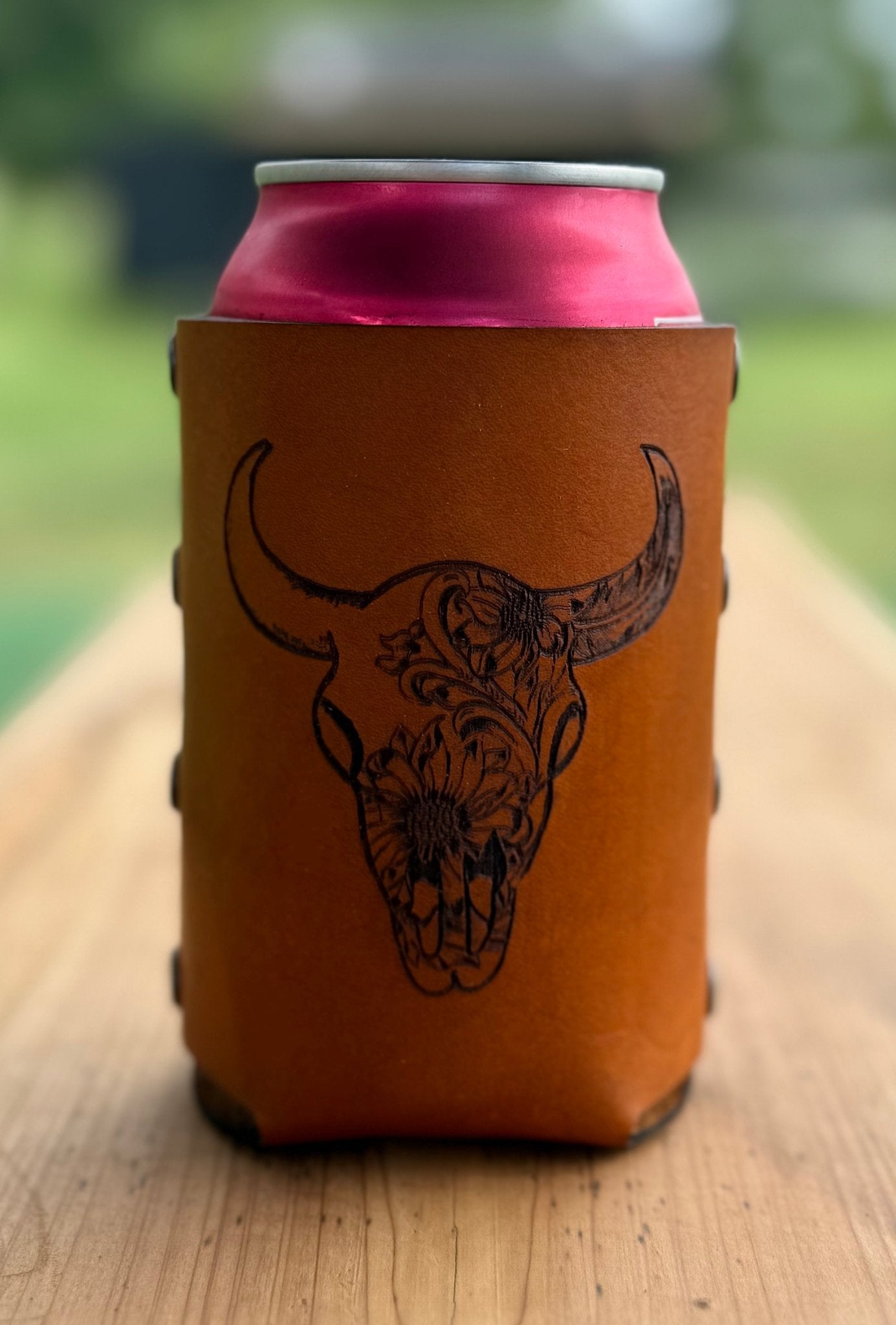 Longhorn w/Flowers Leather Can Cooler - Dusty Road Farm