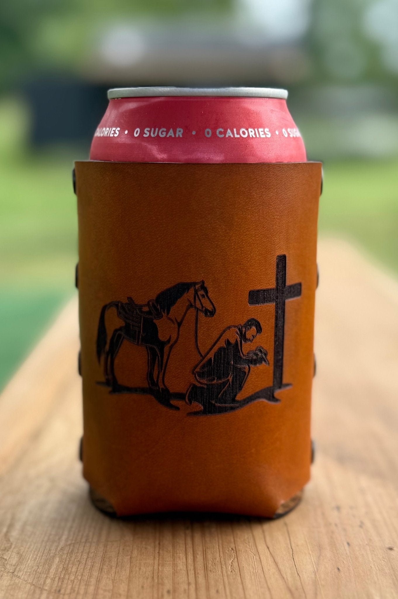 Praying Cowboy Leather Can Cooler - Dusty Road Farm