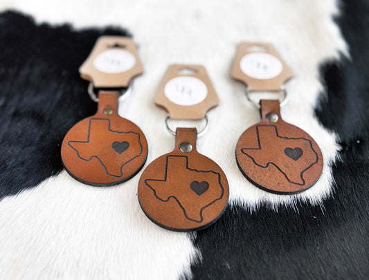Texas w/ Heart Leather Keychain - Dusty Road Farm