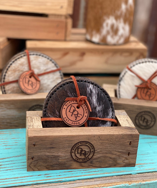 Leather Coaster set with wood holder - Dusty Road Farm