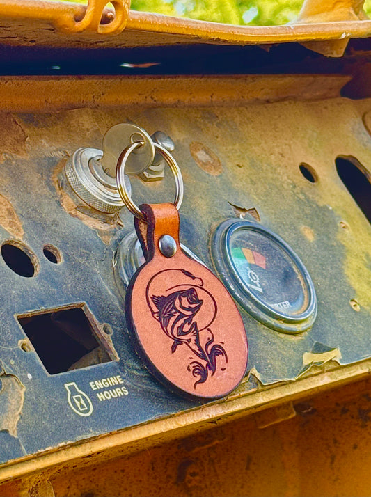 Fish graphic on a leather keychain by dustyroadfarm.com 