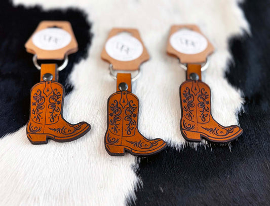 Leather keychains on cowhide