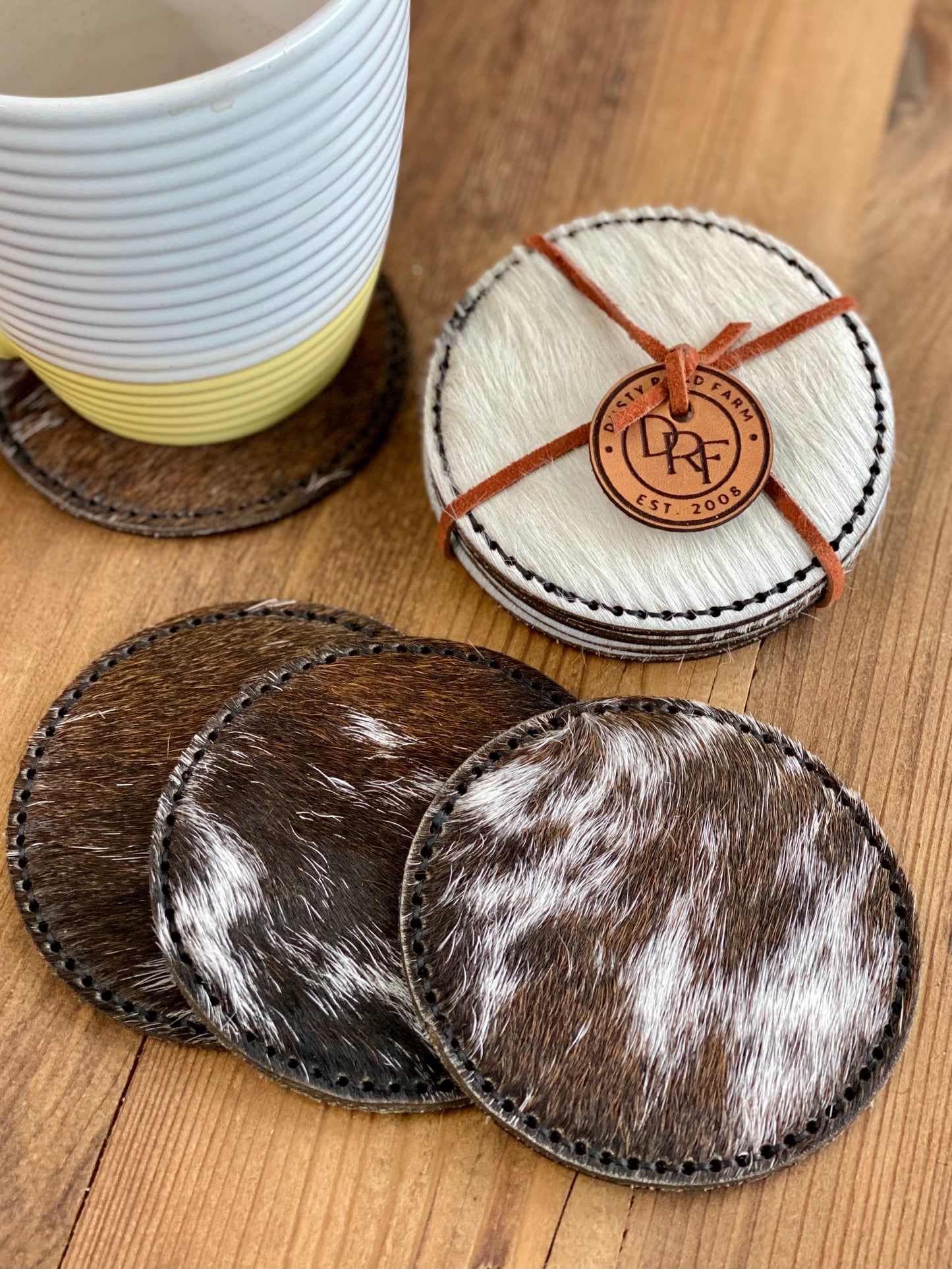 Leather Coaster set with wood holder - Dusty Road Farm