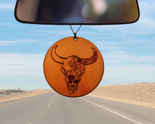 Longhorn w/ Flowers Leather Car Freshener