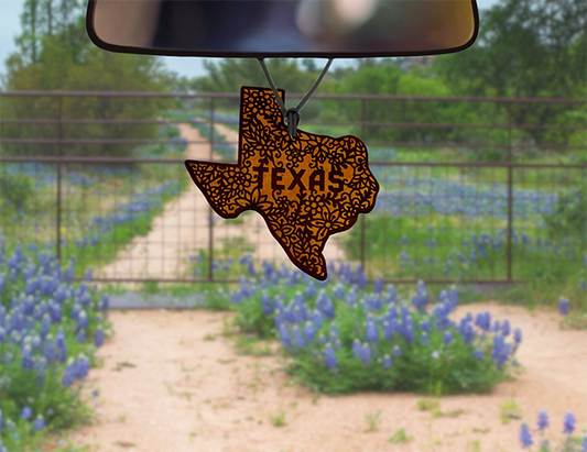 Leather Car Freshener on dirt road