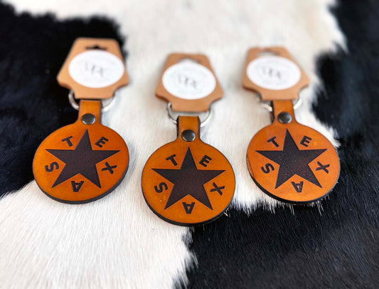 Leather keychains on cowhide