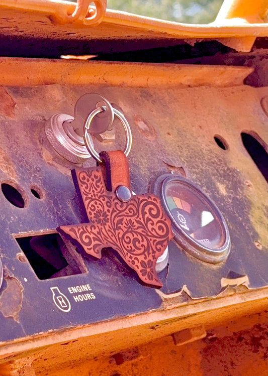 Keychain with a Texas-shaped pendant attached to a vehicle