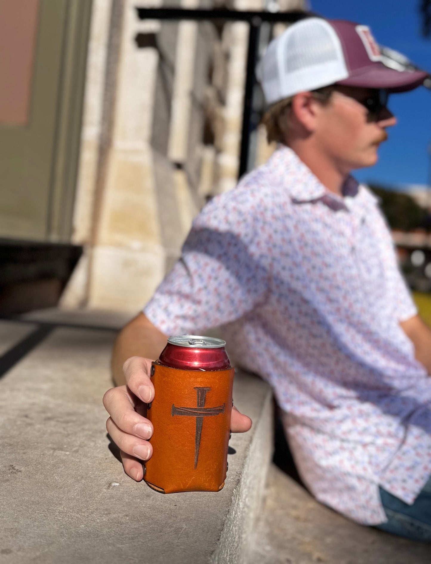 Cross w/Nails Leather Can Cooler - Dusty Road Farm