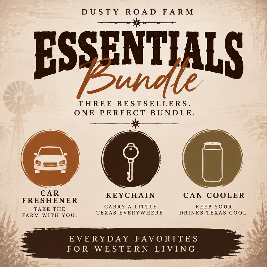 Dusty Road Farm Essentials Bundle: car freshener, keychain, and can cooler