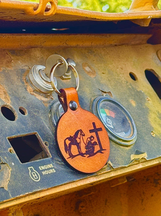 Praying Cowboy Leather Keychain - Dusty Road Farm